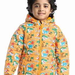 Babyhug Woven Full Sleeves Padded Hoodie with Dino Print - Mustard-image-67