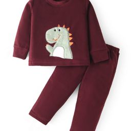 Kanvin Fleece Woven Full Sleeves Winter Wear Set With Dino Patch - Maroon-image-39