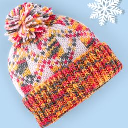 Babyhug Knitted Woollen Design Cap with Pom Pom Detailing - White & Red-picture-1
