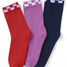 Pine Kids Cotton Knit Socks with Checked Design Pack of 3 - Red Purple & Navy Blue-image-37