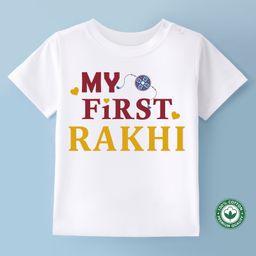 BLUSHES Raksha Bandhan Theme 100% Cotton Half Sleeves My First Rakhi Text Printed Tee - White-10