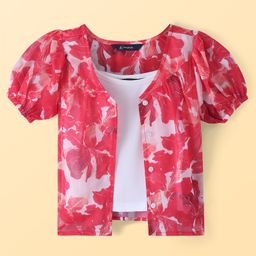 Pine Kids Woven Half Puffed Sleeves Floral Printed Top with Inner - Dark Pink & White-image-42