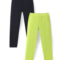 Pine Kids Cotton Lycra Full Length Solid Leggings Pack of 2 - Black & Green-image-76