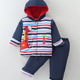 Cucumber Sinker Knit Full Sleeves Hoodie & Lounge Pants Set With Stripes & Animal Embroidery - Navy Blue-image-53