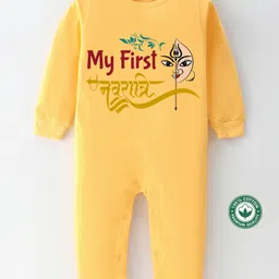 BLUSHES Navaratri Theme 100% Cotton Full Sleeves My First Navaratri Text Printed Romper - Yellow-picture-47