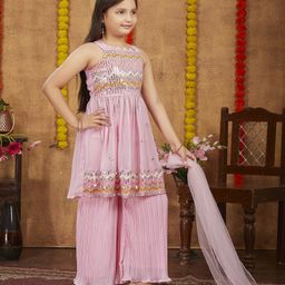 Aarika Georgette Sleeveless Sequins & Lace Embellished Kurta Sharara With Dupatta Set - Pink-image-21