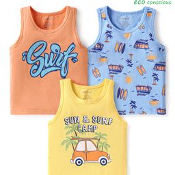 Babyoye Cotton Elastane Knit Sleeveless Vests With Beach Theme Print Pack Of 3 - Yellow Blue & Orange-image-60
