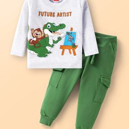 Babyhug Single Jersey Knit Full Sleeves T-Shirt & Lounge Pant Set With Crocodile & Text Print - White & Green-image-89