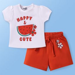 Doodle Poodle 100% Cotton Knit Half Sleeves Shorts Night Suit with Watermelon Print - Red & White-image-42