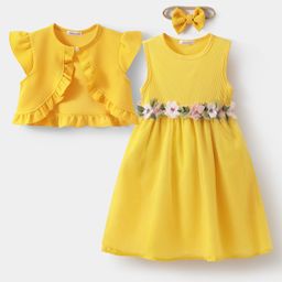 Mark & Mia Sleeveless Cotton Solid Dress & Cap Sleeves Shrug With Floral Corsage & Headband - Yellow-8