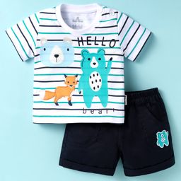 Child World Interlock Knit Half Sleeves Striped T-Shirt & Shorts Set With Animal Print - White-image-32