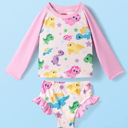Babyhug Cotton Water Repellant Full Sleeves Two Piece Swimsuit With Dino Print - Pink-image-7