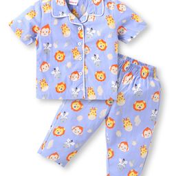 Babyhug PoplinWoven Half Sleeves Nightsuit With Animal Print - Light Blue-image-68