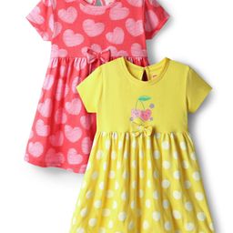 Babyhug Single Jersey Knit Half Sleeves Frocks With Polka Dots & Bow Applique Pack Of 2 - Light Green & Pink-image-52