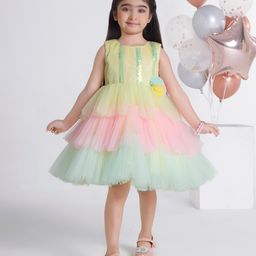 Ministitch Sleeveless Floral Applique Detailed Sequins Embellised Layered Dress - Lemon Yellow-picture-18