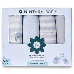 Nintara Baby Soft, Breathable, Lightweight, 100% Organic Cotton Extra-Large Swaddle Pack of 4 - Elephant Hugs-picture-22