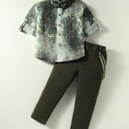 Dapper Dudes Full Sleeves Abstract Printed Shirt With Pant Bow & Suspender Set - Dark Green-image-99