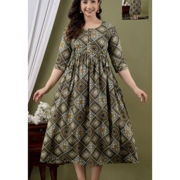 NEVISHA STYLE Cotton Woven Three Fourth Sleeves Abstract Printed Dress - Brown-image-69
