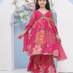Bitiya By Bhama Silk Woven Three Fourth Sleeves Floral Printed Gota Lace & Sequins Embellished Anarkali Style Kurta Sharara With Dupatta Set - Pink-image-99