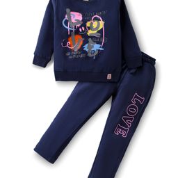 Olio Kids Looper Knit Full Sleeves Winter Wear Set With Love Text Print - Navy Blue-image-82