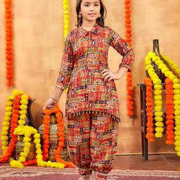 Aarika Cotton Woven Three Fourth Sleeves Paisleys Printed Sequins Embellished Kurta Harem Pant Set - Red-image-41