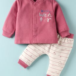 I Bears Fleece Knit Full Sleeves Winter Wear Suit with Stripes & Animal Print - Rose Gold-image-92