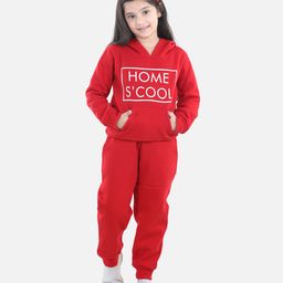 StyleStone Fleece Woven Full Sleeves Home School Text Printed Hooded Sweatshirt & Joggers Set - Red-picture-25