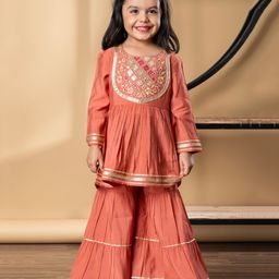READIPRINT Silk Woven Full Sleeves Floral Embroidered Mirror Work Detailed Kurti Sharara Set - Peach-image-35