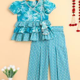 The Magic Wand Cotton Woven Half Puffed Sleeves Floral Printed & Gota Lace Embellished Top & Pant Set - Teal Blue-image-53