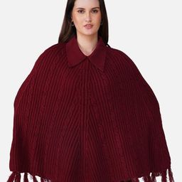 JoE Hazel Women Cable Knit Self Design Shirt Collar Longline Poncho-image-68
