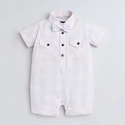 Polka Tots Unisex Kids Orange Half Sleeve Checks Print Shirt Romper With Bow-52