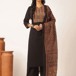 KALINI Floral Yoke Design Notch Neck Straight Pure Cotton Kurta With Palazzos & Dupatta-picture-14