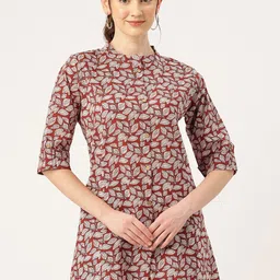 FERANOID Floral Printed Pure Cotton Mandarin Collar A-Line Top-image-32