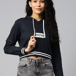 Hubberholme Women Navy Blue Printed Detail Cropped Hooded Sweatshirt-image-72