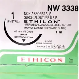 Ethicon 100 cm 2-0 USP Black Ethilon 1 Monofilament Suture NW3338 Pack of 12 Pcs-5
