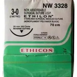 Ethicon 70 cm 3-0 USP Black Ethilon Monofilament Loop Suture NW3328 Pack of 12 Pcs-18