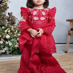 Vivedkids Girls Floral Embroidered Regular Kurta with Sharara & With Dupatta-picture-9