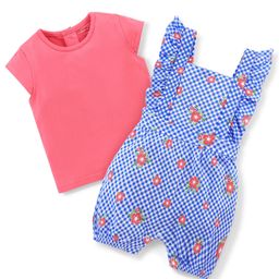 Babyhug Single Jersey Cotton Knit Checked Dungaree with Half Sleeves Tee Floral Print - Coral & Blue-image-26