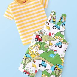Babyhug Cotton Knit Farm Printed Dungaree & Half Sleeves Striped Inner Tee Set - Multicolour-13