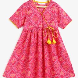 Campana Girls 100% Cotton Short Sleeves Bandhini Printed Flared Angrakha Kurta - Magenta Pink-image-90