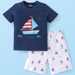 Babyhug Single Jersey Knit Half Sleeves Night Suit With Boat Print - Navy Blue & White-image-17