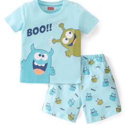 Babyhug Cotton Knit Half Sleeves Printed Night Suit - Blue-image-26