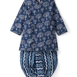Babyhug Cotton Woven Full Sleeves Kurta & Leheriya Dhoti Set Trees Print - Indigo-image-24