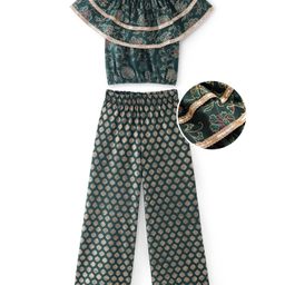 EARTHY TOUCH Knitted Half Sleeves Floral Foil PrintedIndo Western Set - Green-image-91