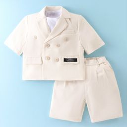 Kookie Kids Knit Half Sleeves Solid Colour  T-Shirt & Shorts Set with Blazer - White-12