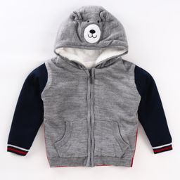 Babyhug Knitted Full Sleeves Front Open Hooded Sweater With Dino Applique - Charcoal Grey-image-88
