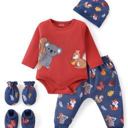 Babyhug 100% Cotton Full Sleeves Onesies with Leggings& Cap Mitten Booties Koala Print - Red & Navy-image-20