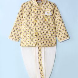 Dapper Dudes Cotton Silk Full Sleeves Ethnic Motif Printed Kurta With Dhoti - Lemon-picture-41