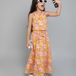 Taffykids Sleeveless Floral Printed Ethnic Crop Blazer With Coordinating Skirt Set - Yellow-image-18