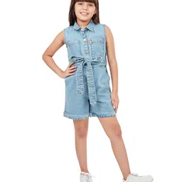 Olele Cotton Denim Sleeveless Solid Jumpsuit - Indigo Blue-picture-37